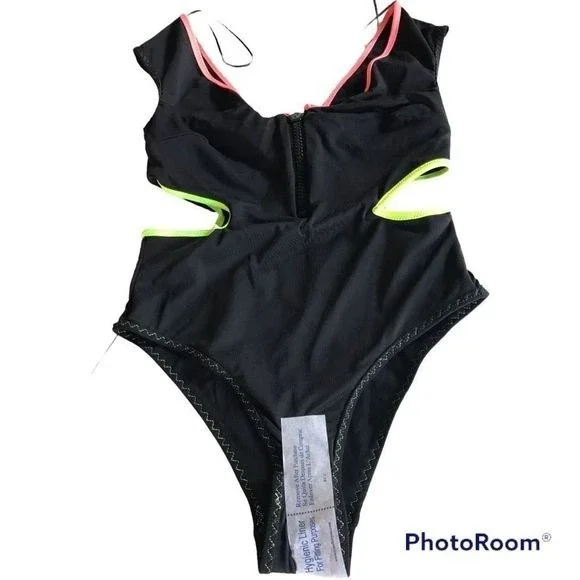 Zara Women’s Black Cut Out Piping Neón Trim Zip Front Cheeky Swimsuit Sz S NWT - Picture 11 of 14